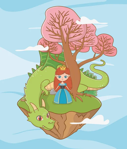 Medieval princess and dragon of fairytale design — Vector de stock