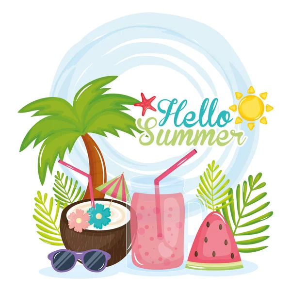 Hello summer poster with holiday icons — Vetor de Stock