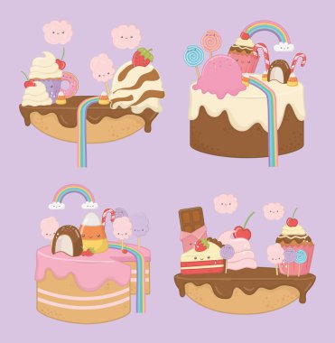 sweet cakes set with kawaii characters