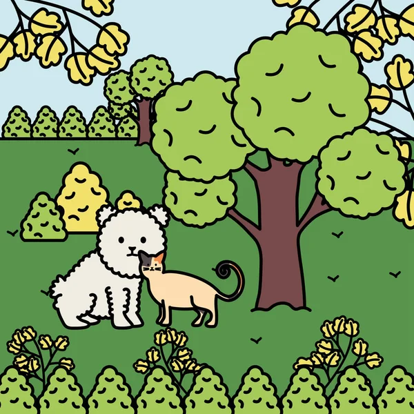 Cute cat and dog mascots in the landscape — Stok Vektör