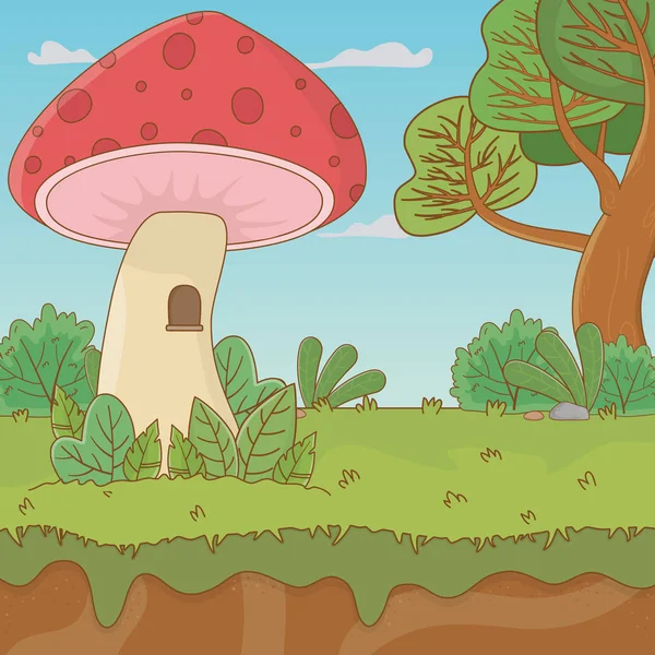 Fairytale landscape scene with fungus — Stockvector