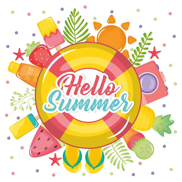 Hello summer poster with holiday icons — Stockvektor