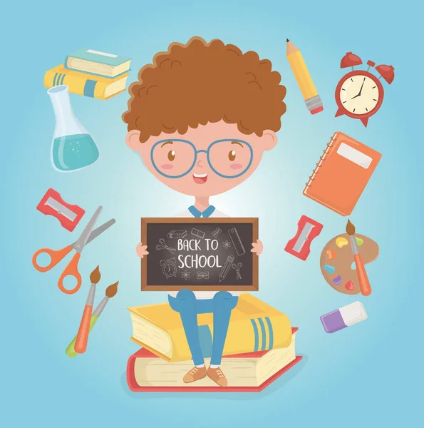 Little student boy with chalkboard and school supplies — стоковый вектор