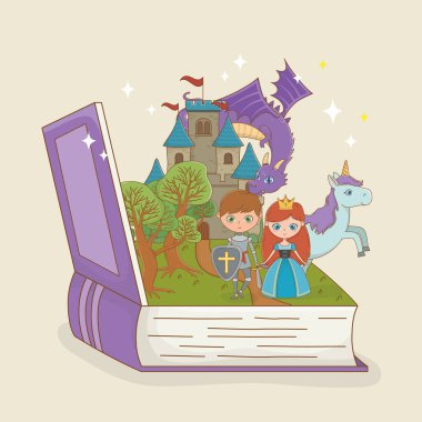book open with fairytale castle with dragon and characters