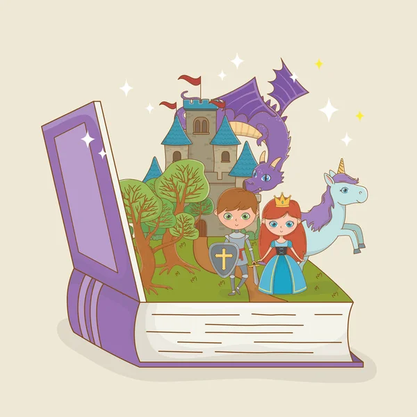 Book open with fairytale castle with dragon and characters — Archivo Imágenes Vectoriales
