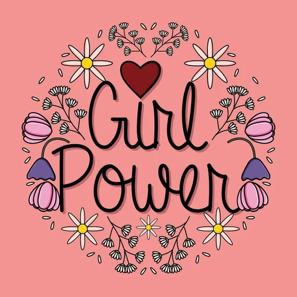 Power girl card with floral decoration - Stok Vektor