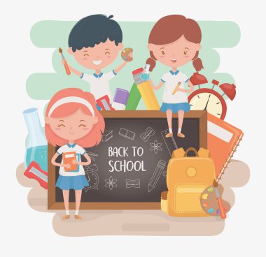 little students group with chalkboard and school supplies