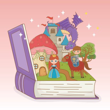 book open with fairytale castle and group characters
