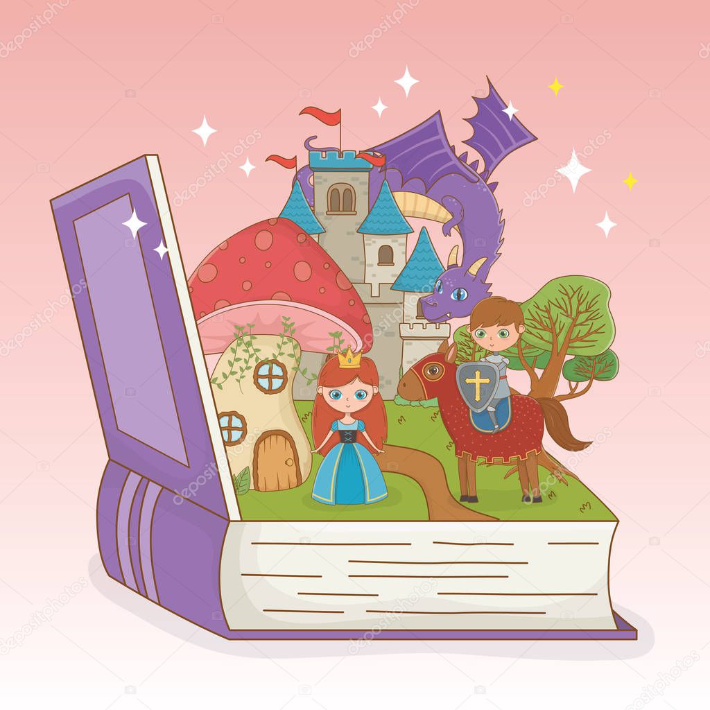 book open with fairytale castle and group characters
