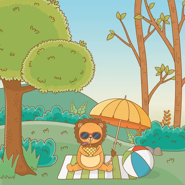 Lion cartoon with glasses in forest design vector illustration — Stockový vektor