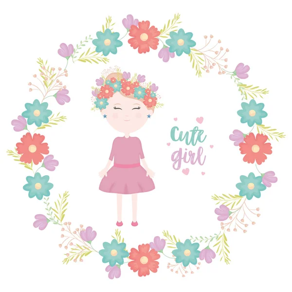 Cute little girl with floral crown character — Vetor de Stock