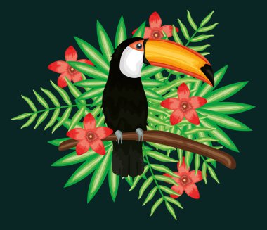 beautiful toucan with exotic and tropical flowers decoration