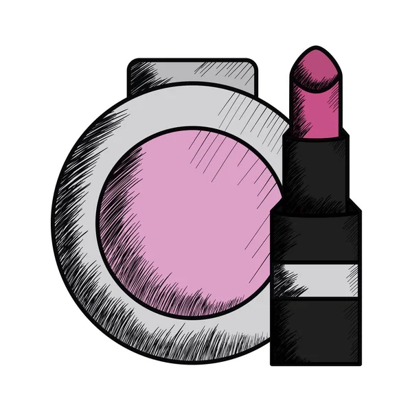 Lápiz labial y colorete polvo maquillaje dibujo — Vector de stock