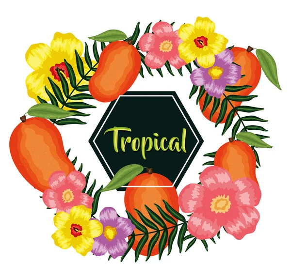 Φρέσκα φρούτα μάνγκο με λουλούδια και φύλλα — Διανυσματικό Αρχείο