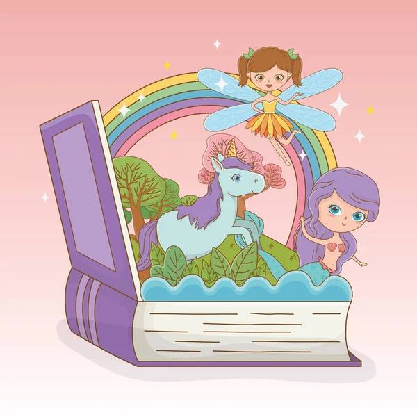 Book open with fairytale mermaid and fairy with unicorn — Archivo Imágenes Vectoriales