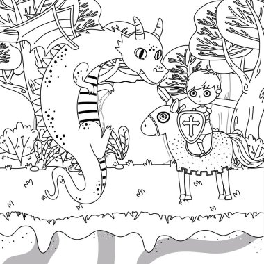 Ortaçağ Ejderha ve masal tasarım vektör illüstrasyon şövalye