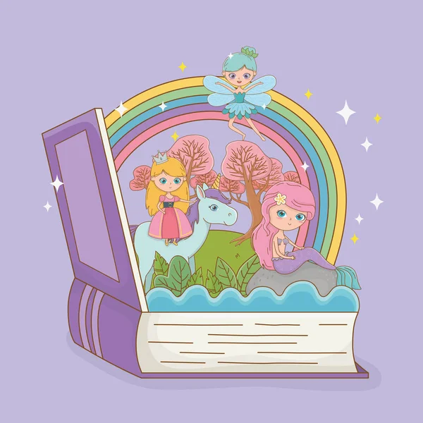 Libro abierto con mermaid cuento de hadas con princesa en unicorna. — Archivo Imágenes Vectoriales