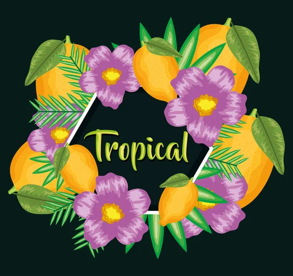 Friss citrom gyümölcs virágokkal és levelekkel — Stock Vector