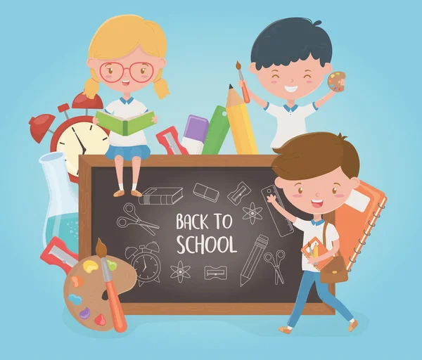 Little students group with chalkboard and school supplies — Stock Vector