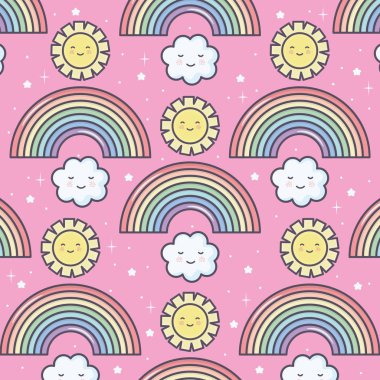 Güzel yaz güneşi ve gökkuşağı kawaii desenli bulutlar.