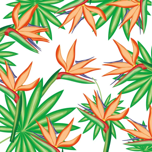 Tropical beauty heliconias and leafs exotic plants pattern - Stok Vektor