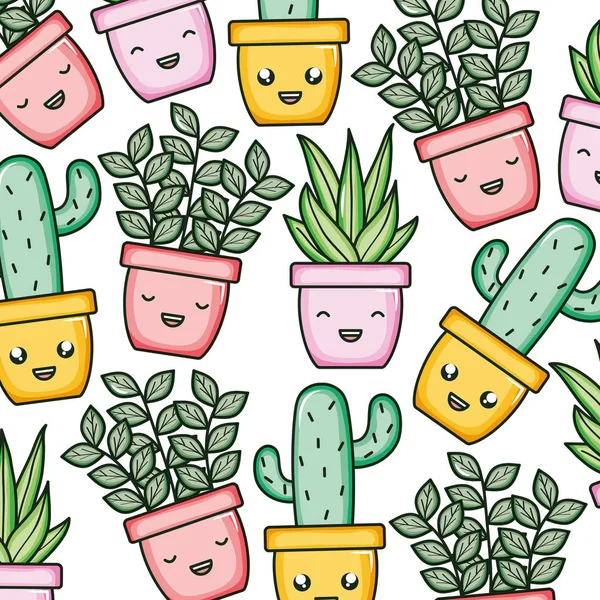 House plants and cactus kawaii characters pattern - Stok Vektor