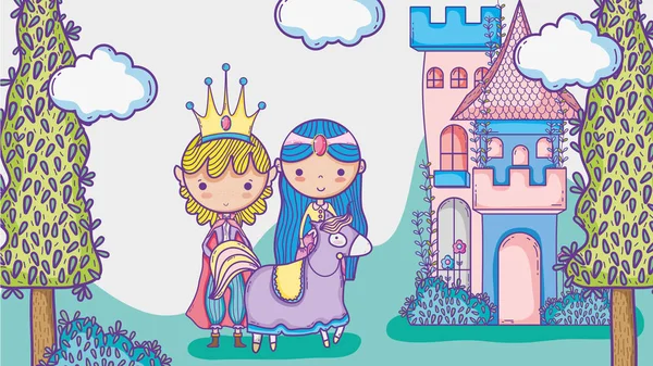 Princesa e princesa bonito mão desenho cartoon homem com óculos de sol e símbolo de dólar dentro da bolha de chat —  Vetores de Stock