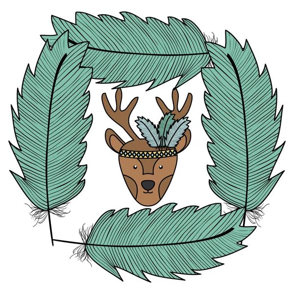 Reindeer with feathers hat frame bohemian style character — Wektor stockowy