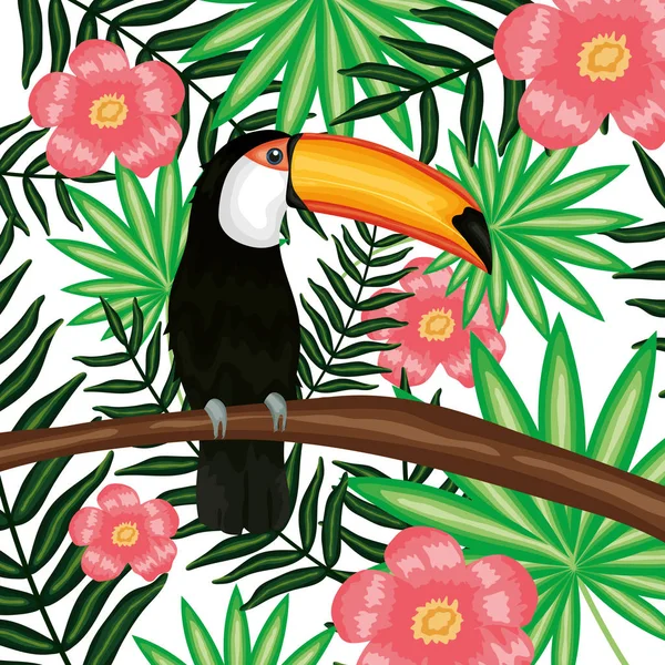 Beautiful toucan with exotic and tropical flowers decoration — Stok Vektör