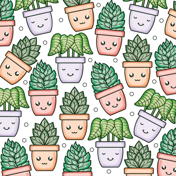 House plants kawaii comic characters pattern — Vetor de Stock