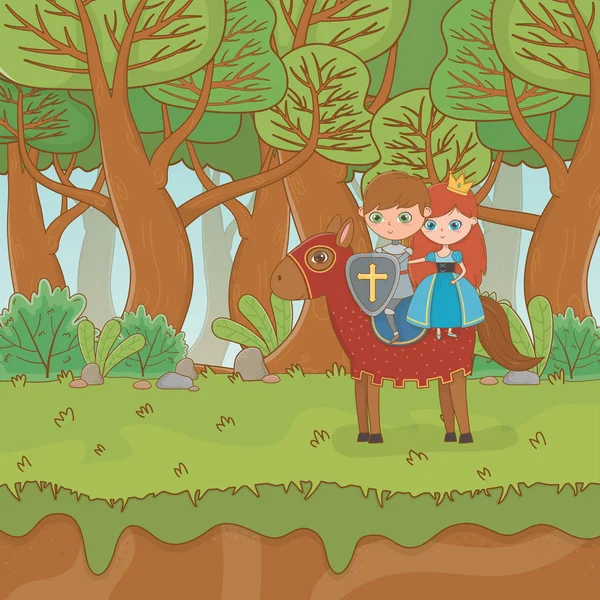 Fairytale landscape scene with princess and warrior in horse — Vetor de Stock