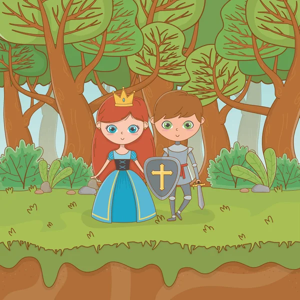 Fairytale landscape scene with princess and warrior — Vector de stock
