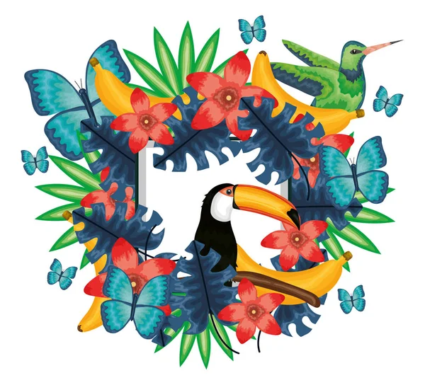 Beautiful toucan and hummingbird with floral decoration — Stok Vektör