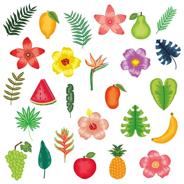 Fresh fruits with flowers and leafs icons — стоковый вектор