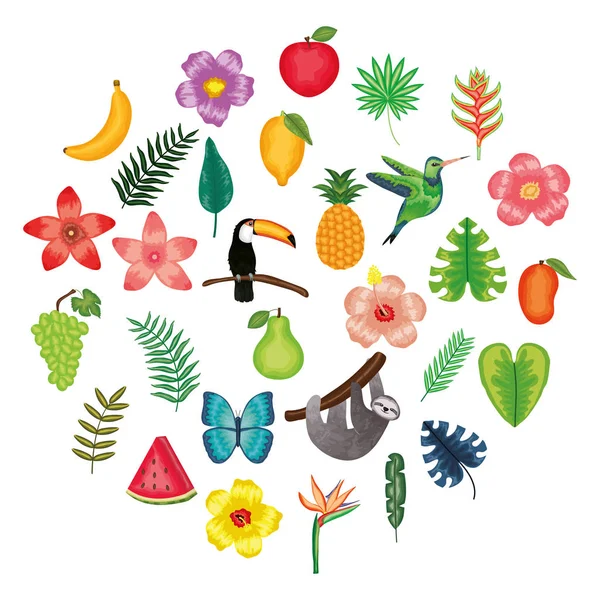 Set of animals and fruits with floral icons — Stock Vector