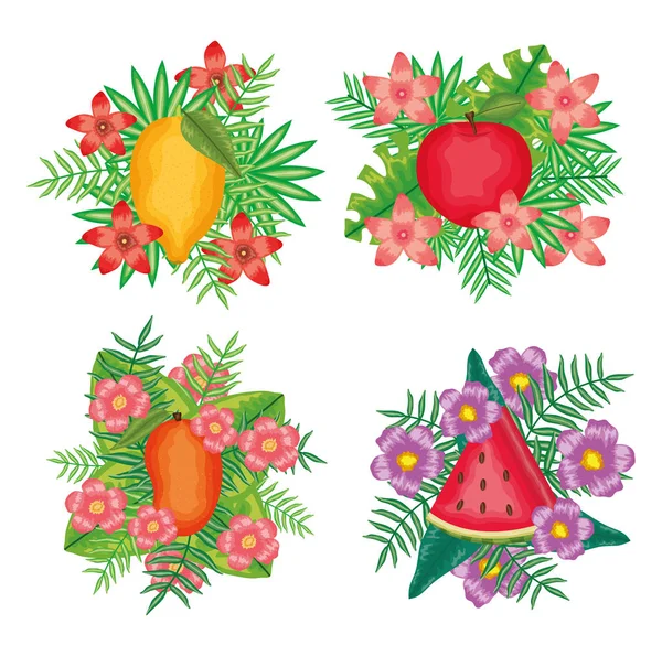 Set of fresh fruits with flowers and leafs frames — стоковый вектор