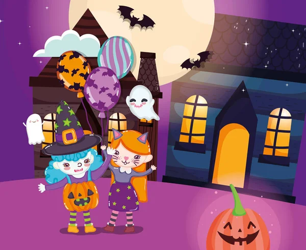 Děti s kostýmním obrázkem Halloweenu — Stockový vektor