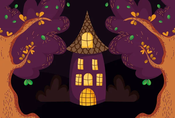 Hausbäume im Wald halloween — Stockvektor