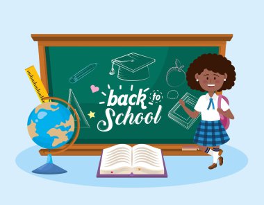 girl student with blackboard and global map with book