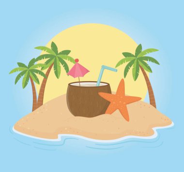 summer poster with coconut cocktail in seascape