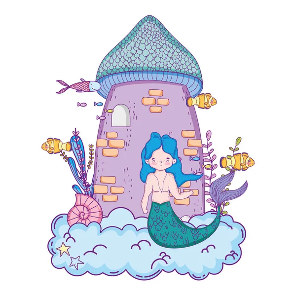 Sirène mâle avec château scène sous-marine — Image vectorielle