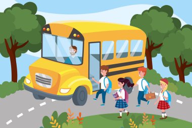 driver inside school bus with girls and boys students