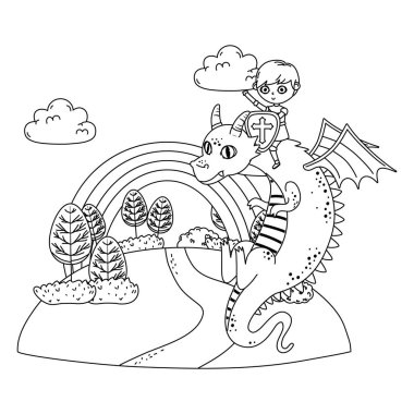 Ortaçağ Ejderha ve masal tasarım vektör illüstrasyon şövalye