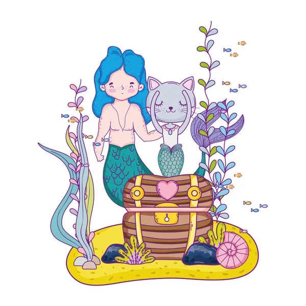 Male mermaid and burrmain with treasure chest — 스톡 벡터