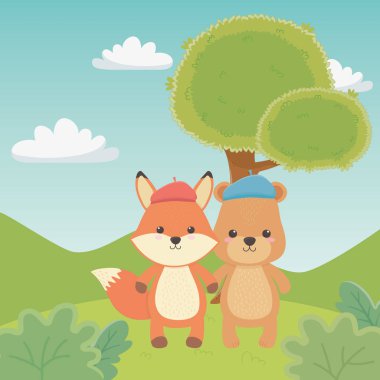 Şapka tasarımlı Tilki ve Ayı çizgi filmi