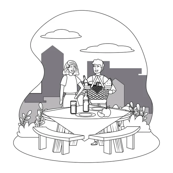 Pareja de mujer y hombre teniendo diseño de picnic — Archivo Imágenes Vectoriales