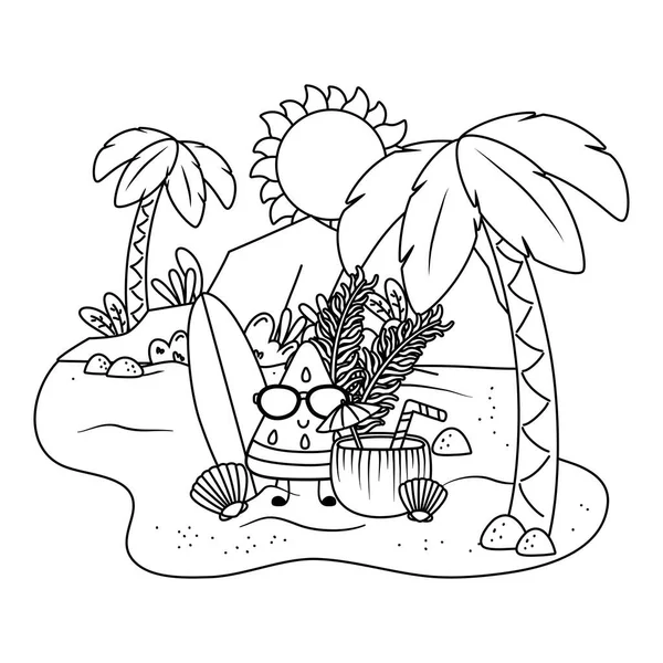 Yaz ve plaj sevimli karikatürler siyah beyaz