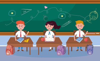 Erkekler ve kız öğrenciler masada ve sırt çantasında.