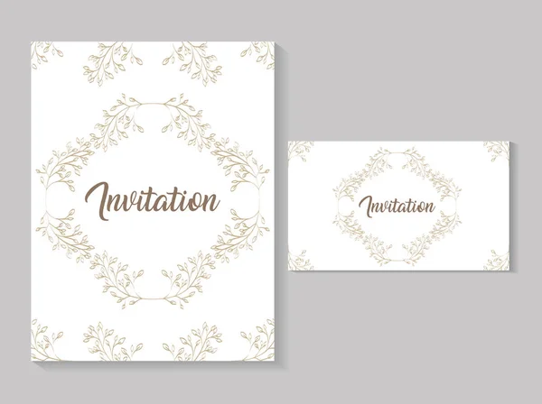 Set invitation cards with leafs golden calligraphy — Stok Vektör