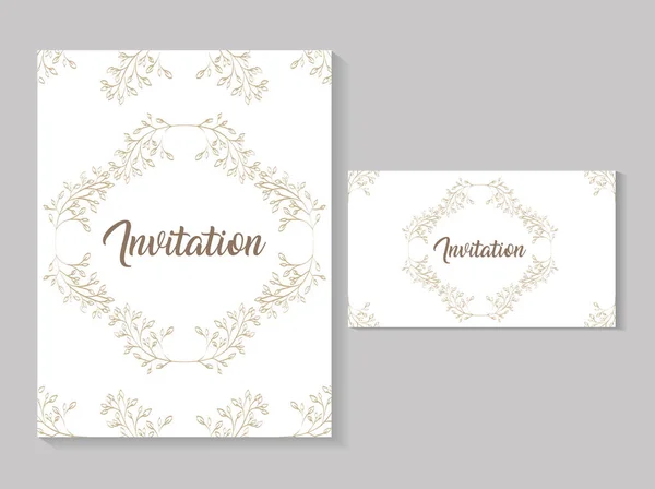 Set invitation cards with leafs golden calligraphy — Stockvektor